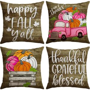 2 x Artscope Fall Decorative Throw Pillow Covers 18x18 Inch Set of 4, Happy Fall Pumpkin Truck Thankful Grateful Blessed Outdoor Farmhouse Pillow Cases for Home Sofa Couch-Pink Brown