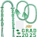 Yinkin Graduation Ribbon Leis Set Class of 2025 Handmade Double Braided Necklace Adjustable Includes Silk Leis Grad Cutouts 2025 Pendant for Graduation Party Accessories(Green, White)