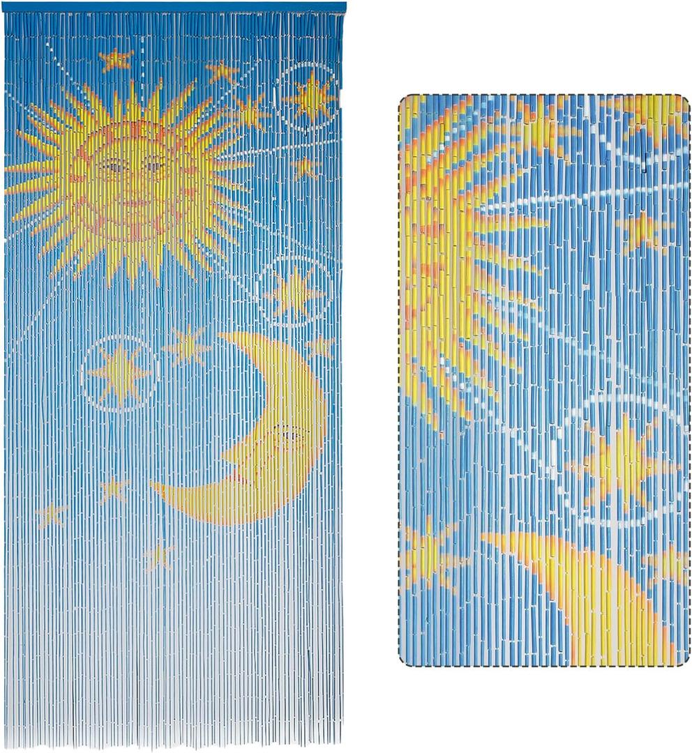Moon & Sun Beaded Wooden Curtain - Durable Natural Wood Beads for Doorways & Home Decor, Handcrafted, Ideal for Boho-Style Interiors (79'' L x 36'' W)