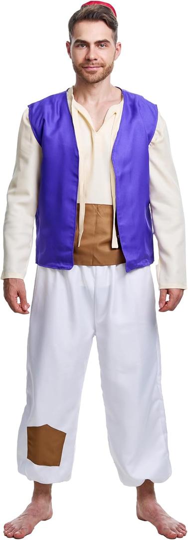 Men's Arab Prince Costume Waistcoat Tunic Pants Sash Hat Adult Halloween Cosplay Fancy Dress Clothes Full Set (S)