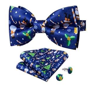DiBanGu Mens Blue Christmas Party Bow Tie with Funny Pattern Xmas Theme Bow Tie and Pocket Square Set for Men