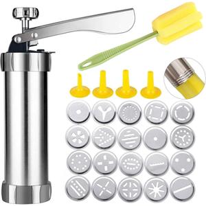 Spritz Cookie Press Gun Kit, Stainless Steel Biscuit Press Cookie Gun Set with 20 Cookie discs and 4 nozzles for DIY Biscuit Maker and Churro Maker