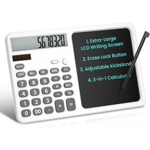 Desk Calculator with Writing Pad, Widescreen Extra-Large LCD Display, 12-Digit Calculator, Solar & Battery Dual Power Supply, Desktop Calculator with Ergonomic Viewing Angle for Office, School (White)