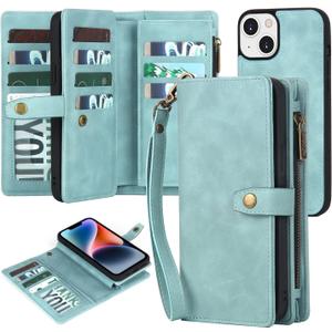 TwoHead Designed for iPhone 13 Wallet Case with Card Holder, Detachable Magnetic Phone Case with Wallet PU Leather Wallet Phone Case for iPhone 13 Case Wallet for Women/Men with Wrist Strap(Blue)