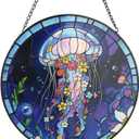 Stained Glass Window Hanging, Blue Jellyfish Circular Sun Catcher Ornament with Chain & Suction Cup, Suncatcher for Garden Door Home Decor, Birthday Gifts for Women Men Mom 7.8 in