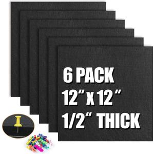 AKTOP Cork Board Bulletin Board 12x12, 1/2" Thick Felt Cork Board Tiles 6 Pack, Small Square Pin Board for Wall, Self Adhesive Corkboards with 60 Push Pin Wood Clips for School, Home & Office, Black