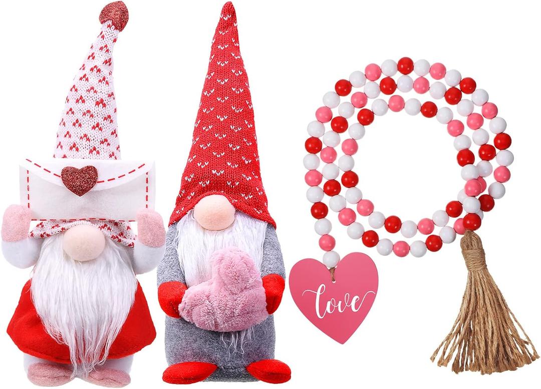 Chuangdi Valentine's Day Gnomes Decorations Red Pink White Heart Love Valentine's Day Gnome Handmade Swedish Plush Doll Ornament Wood Bead Garland with Tassels for Girlfriend Wife Women Gift