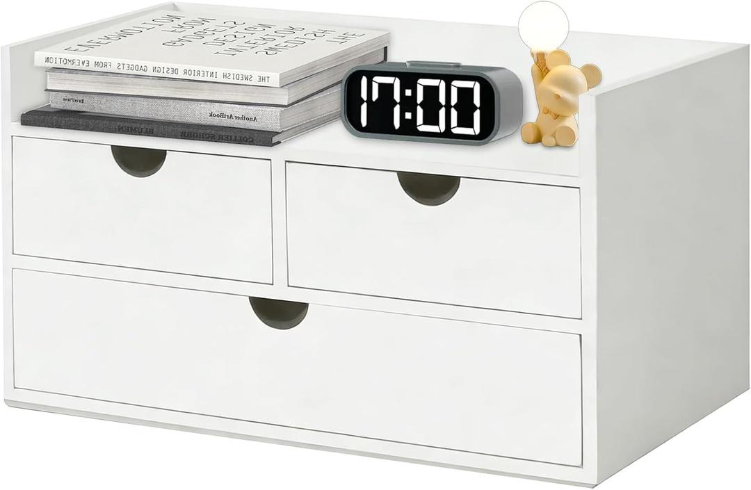 Bamboo Desk Organizer with Drawers, Tabletop Cosmetic Makeup Storage Box, No Assembly Desktop Countertop Storage Holder for Skincare Toiletries, Home Office Bathroom Vanity Organization(white)