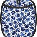 Blue Ink Flowers Print Silicone Pot Holders Heat Resistant Oven Hot Pads with Pockets Non Slip Grip Large Potholders for Kitchen Baking Cooking 9.4 X 7.5 Inches-1 Pc