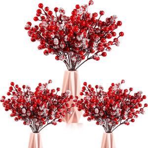 Geosar 30 Pieces Artificial Christmas Berry Picks with Snowflake Glitter Artificial Holly Berry Stems for Christmas Tree Ornaments Vases DIY Crafts Home Wedding Party Holiday Decor(Red)