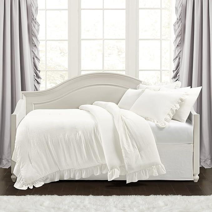 Lush Decor Reyna Ruffle Daybed 6 Piece Set 68" W x 92" L, White - White Bedding Set - Daybed Comforter Set - Ruffled Bedding - Coquette Decor
