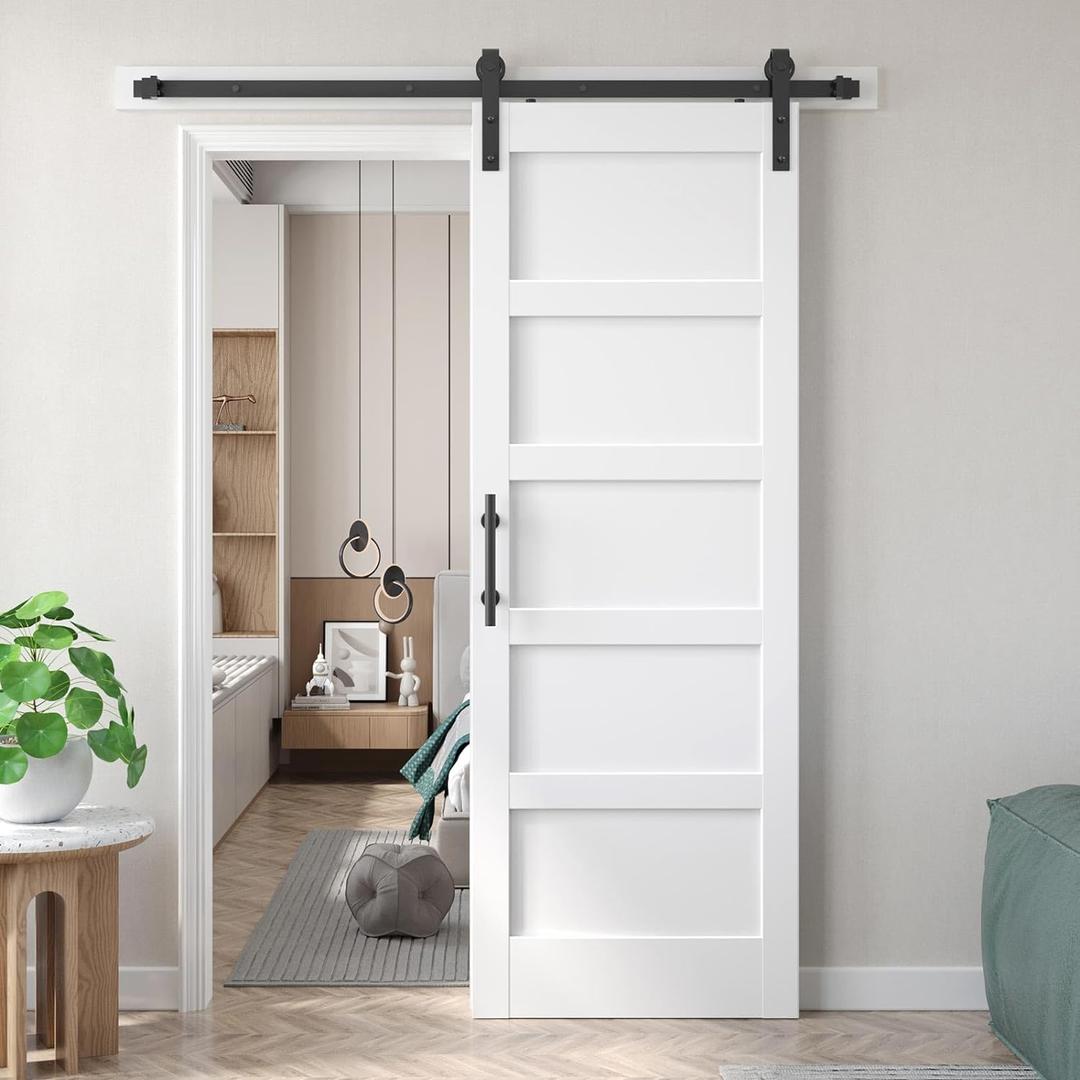 Fredbeck 32x84 inch White Barn Door with 5.5FT Sliding Door Hardware Kit Included & Handle, Solid, MDF, PVC Surface, DIY Assembly, 5-Panel, Fit 29in-30in Opening
