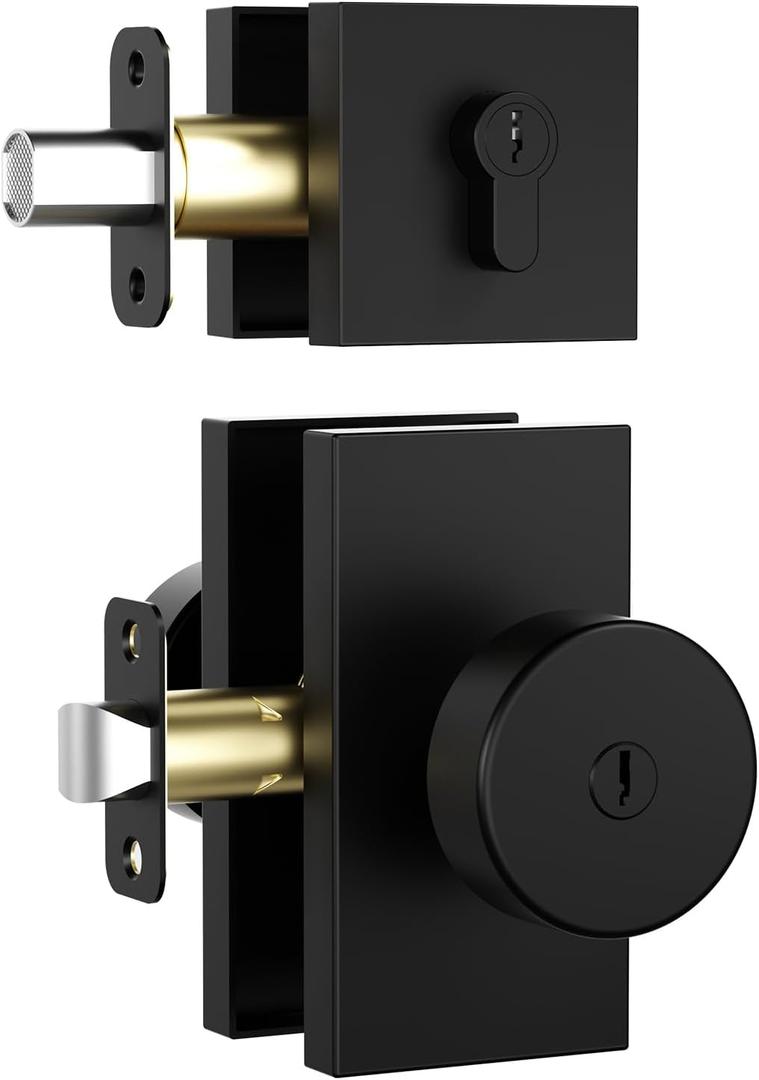 Matte Black Door Knobs with Deadbolt Set, Black Front Door Lock Set Exterior Entry Door Knob Door Handles with Key, Keyed-Alike