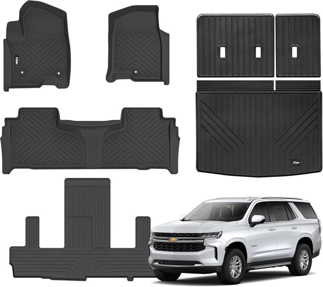 Floor Mats for 2021-2024 Chevrolet/Chevy Tahoe/GMC Yukon 7 Seater with Trunk Mat All Weather TPE Rubber Cargo Liner Full Set for Chevrolet Tahoe/GMC Yukon Accessories (Not for Yukon XL) (for 2021-2025 Chevrolet Tahoe)