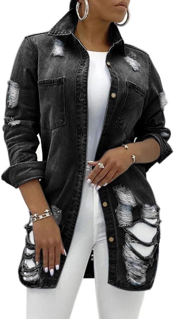 SeNight Women's Jean Jacket Long Sleeve Classic Distressed Fray Hem Tassels Denim Trucker Jackets (X-Large, 1black)