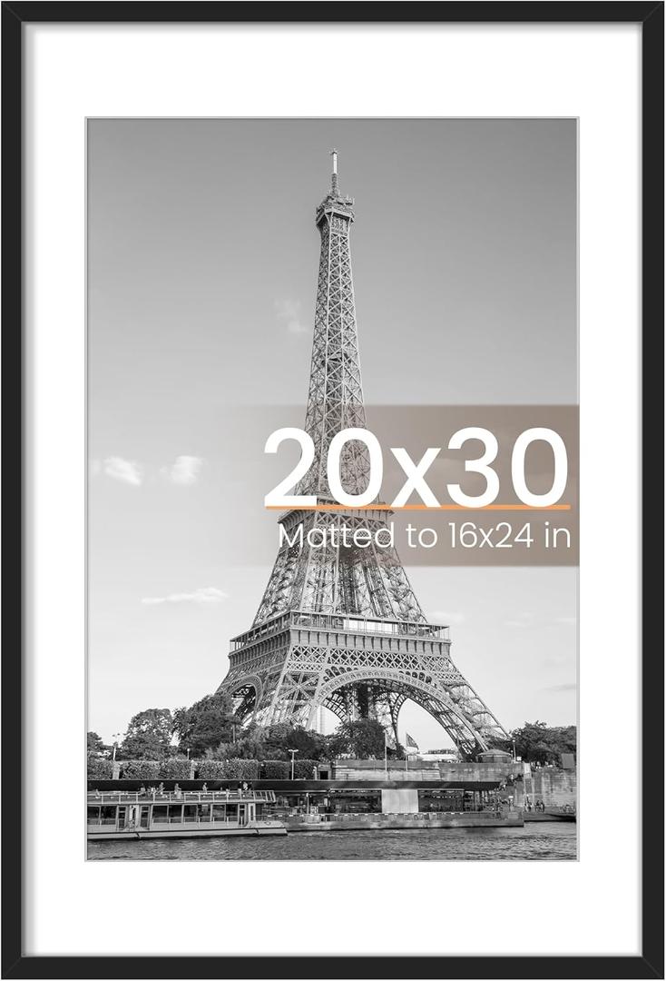 Upsimples 20x30 Poster Frame, Display Pictures 16x24 with Mat or 20 x 30 Without, Wall Hanging Picture Frames, Black, 1 Pack
