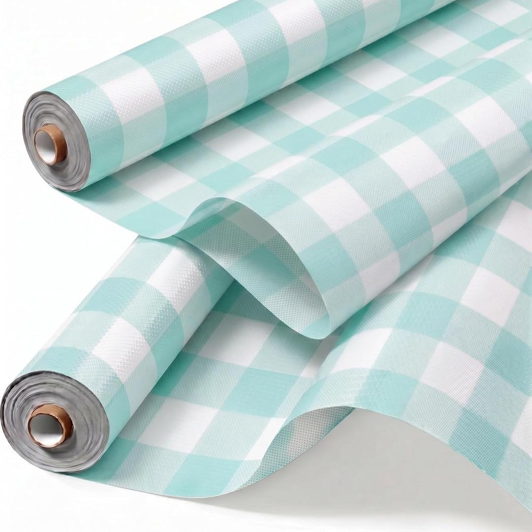 Kolldenn 2 Roll 4 x 12 ft Green Gingham Bulletin Board Fabric Roll Large Reusable Non Woven Bulletin Board Paper Waterproof Erasable Background for Classroom School Chalkboard Wrapping Craft DIY Decor, 48 x 144 inches