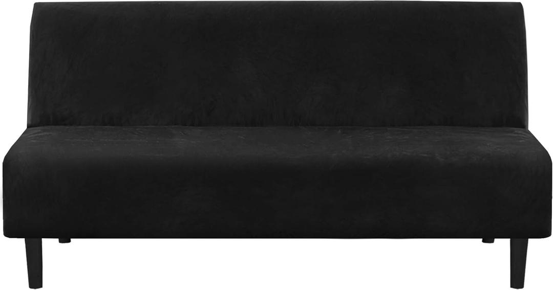 H.VERSAILTEX Velvet Futon Cover Armless Sofa Covers Sofa Bed Covers Stretch Futon Couch Cover Sofa Slipcover Furniture Protector Thick Soft Form Fitted Stay in Place, Black