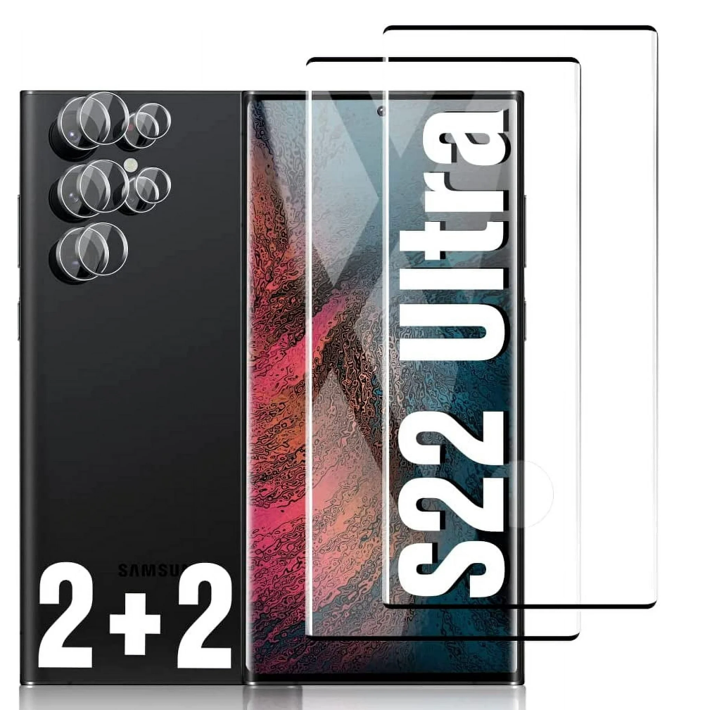 [2+2 Pack] Galaxy s22 Ultra Tempered Glass Screen Protector + Camera Lens Protector,3D Curved, Support Fingerprint for Samsung Galaxy s22 Ultra 5G