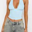 Women Backless Halter Tops Sexy Deep V Neck Going Out Crop Tank Top Open Back Sleeveless Slim Fit Summer Tops (Blue, S)