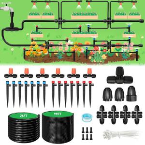 125FT Drip Irrigation System, Automatic Drip Irrigation Kit with 5/16" Main Tube & 1/4" Branch Tubing, Adjustable Drip Emitters, Garden Watering System for Flower Bed, Raised Beds, Lawn, Greenhouses