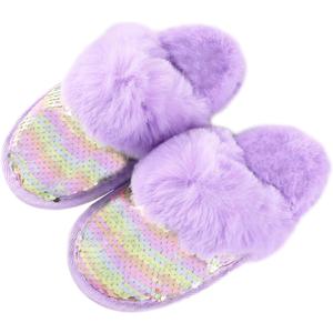 BESSIVIC Girls Fluffy Sequin House Slippers, Cute Kids Faux Fur Fuzzy Indoor Outdoor Memory Foam Shoes for Little Girls Purple US 12-13