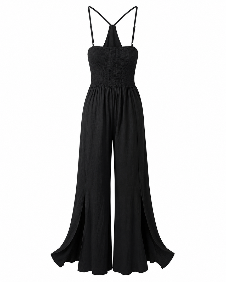 Black Smocked Wide Leg Jumpsuit with Adjustable Straps, Size M