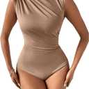 Milumia Women's Ruched Tank Top Sleeveless Mock Neck Bodysuit Fitted Jumpsuit Tops (Large, Brown)