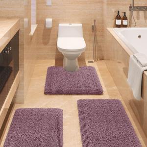 Striped Mauve Bathroom Rug Set 3 Pieces Ultra Soft, Non Slip Chenille Bath Carpet, Absorbent Plush Shaggy Bath Mats for Bathroom, Toilet, Bedroom, Kitchen (20"x32"+17"x24"+U Shape 20"x24")