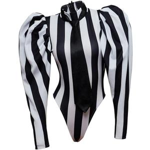 VEECOOCOS Women's Sexy Black White Striped Bodysuit S