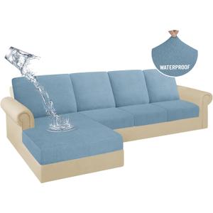 HDCAXKJ 100% Waterproof Sectional Couch Cushion Covers 8 Pieces L Shape Sectional Cover Stretch Chaise Sofa Seat Slipcover Set Jacquard Magic Sofa Cover (Denim Blue, 3 Seater + 4 Backrest + 1 Chaise)