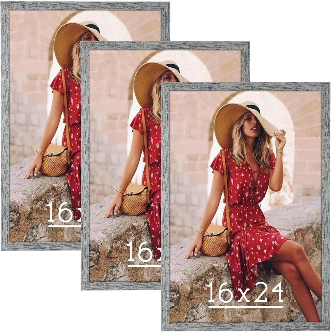 HLiWEGNS Grey 16x24 Frame Set of 3 - Rustic Woodgrain 16 x 24 Poster Frame with Plexiglass for Wall Gallery Display, 16x24 Picture Frame for Puzzles, Artwork, Photos and Posters - Ideal Christmas Day (Matte Gray)