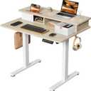 JOY Worker Small Electric Standing Desk, 35" x 25" Height Adjustable Desk with Built-in Monitor Stand & Storage Drawer, White Sit Stand Desk with 2 Hooks for Home Office, Light Walnut