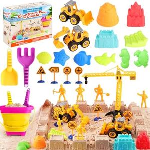 ZZLWAN Beach Sand Toys for Kids: Sand Castle Toys with 2 Construction Trucks, Collapsible Beach Bucket, Shovel Set and Castle Builiding Kit, Sandbox Toys for Toddlers Girls Boys