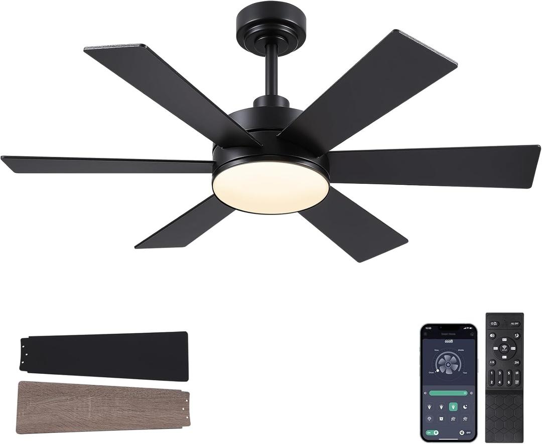 42 inch Ceiling Fans with Lights, Black Ceiling Fan with Remote APP, Dual-Sided Modern/Rustic 6 Blades, Reversible, 3CCT, Sloped Flush Mount Low Profile Ceiling Fan with Lights Bedroom Kitchen Indoor