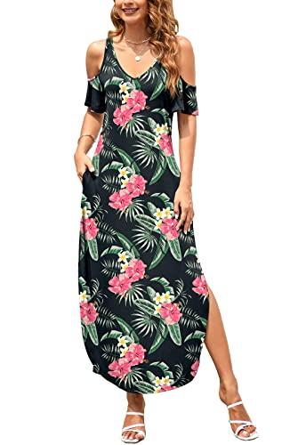 HUSKARY Women's Summer Maxi Dresses V Neck Cold Shoulder Short Sleeve Casual Loose Long Split Dress with Pocket Pink Flower, Large