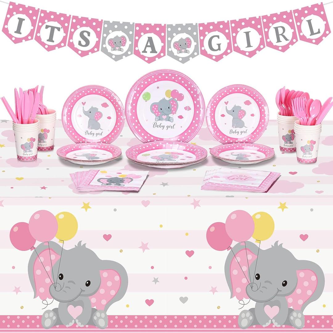 171 Pcs Elephant Theme Baby Shower Decorations for Girls It's a Girl Banners Pink Plate Napkins Cups Disposable Forks Tableware Tablecloth Set Elephant Decorations for Girl Birthday Party, Serves 24