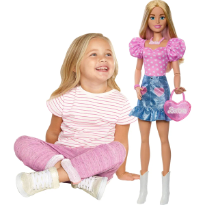 Barbie 28-in Blonde Fashion Doll with Removable Fashions, Pink Top, Denim Skirt, & Cowboy Boots, Necklace and Purse Accessory