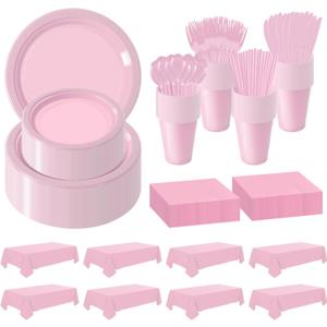 Disposable Plastic Dinnerware Set-968PCS Plastic Plates Set Includes 120 Of Each Dinner  Dessert Plates, Cups, traws, Spoons, Forks & Knives for Party (Pink, 968PCS120 Guests)