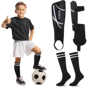 Soccer Shin Guards and Socks Kids Youth Lightweight Soccers Pads Defender with Ankle Protection Ski Shin Guards Football Equipment for Age 4-14 Toddler Boy Girl (Small, Black)