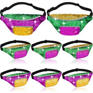 Abbylike 8 Pcs Mardi Gras Sequin Fanny Packs for Adult Adjustable Mardi Gras Purse for Carnival Party Outfit Accessories