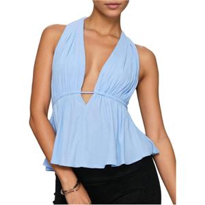 GORGLITTER Women's Tie Backless Babydoll Halter Top Sleeveles sDeep V Neck Peplum Tops (Blue, XL)
