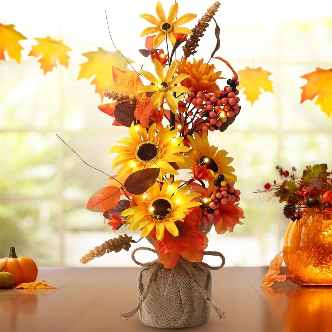Pinkunn Fall Thanksgiving Centerpieces for Tables Decorations 16 Inch Lighted Fall Tree Tabletop with Artificial Sunflowers Maple Leaves Burlap Base Autumn Decor for Home Indoor Office Desk Party, Sunflower 
