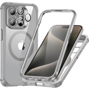 ESR for iPhone 15 Pro Max Case, Compatible with MagSafe, Full-Body Military-Grade Drop Proof Case for iPhone 15 Pro Max with Built-in 9H+ Tempered Glass Screen Protector, Clear Grey