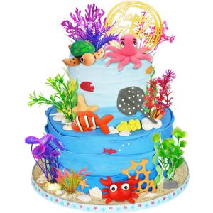 16 PCS Sea Ocean Cake Toppers Under the Sea Ocean Animals Birthday Cake Decorations for Sea Ocean Theme Baby Shower Birthday Party Supplies (Ocean)