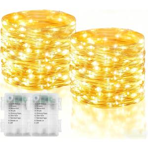 2 Pack Fairy Lights Battery Operated, 200 LED 66Ft Silver Wire Twinkle String Light 8 Modes Auto Timer Mini Christmas Fairy Lights for Bedroom Wedding Decor (Warm White)