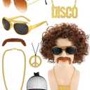 70s 80s Disco Costume Wigs Set for Men Mustache Glasses Peace Sign Pendant Chain Hippies Cosplay Halloween Party Accessories (curly hair)