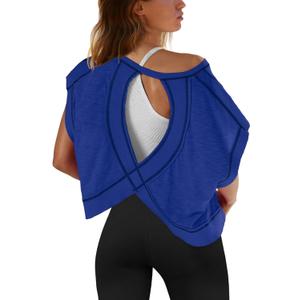 SENSERISE Womens Open Back Workout Tops Backless Short Sleeve Athletic Shirt Running Crop Top Gym Yoga Tee (Small, Royal Blue)