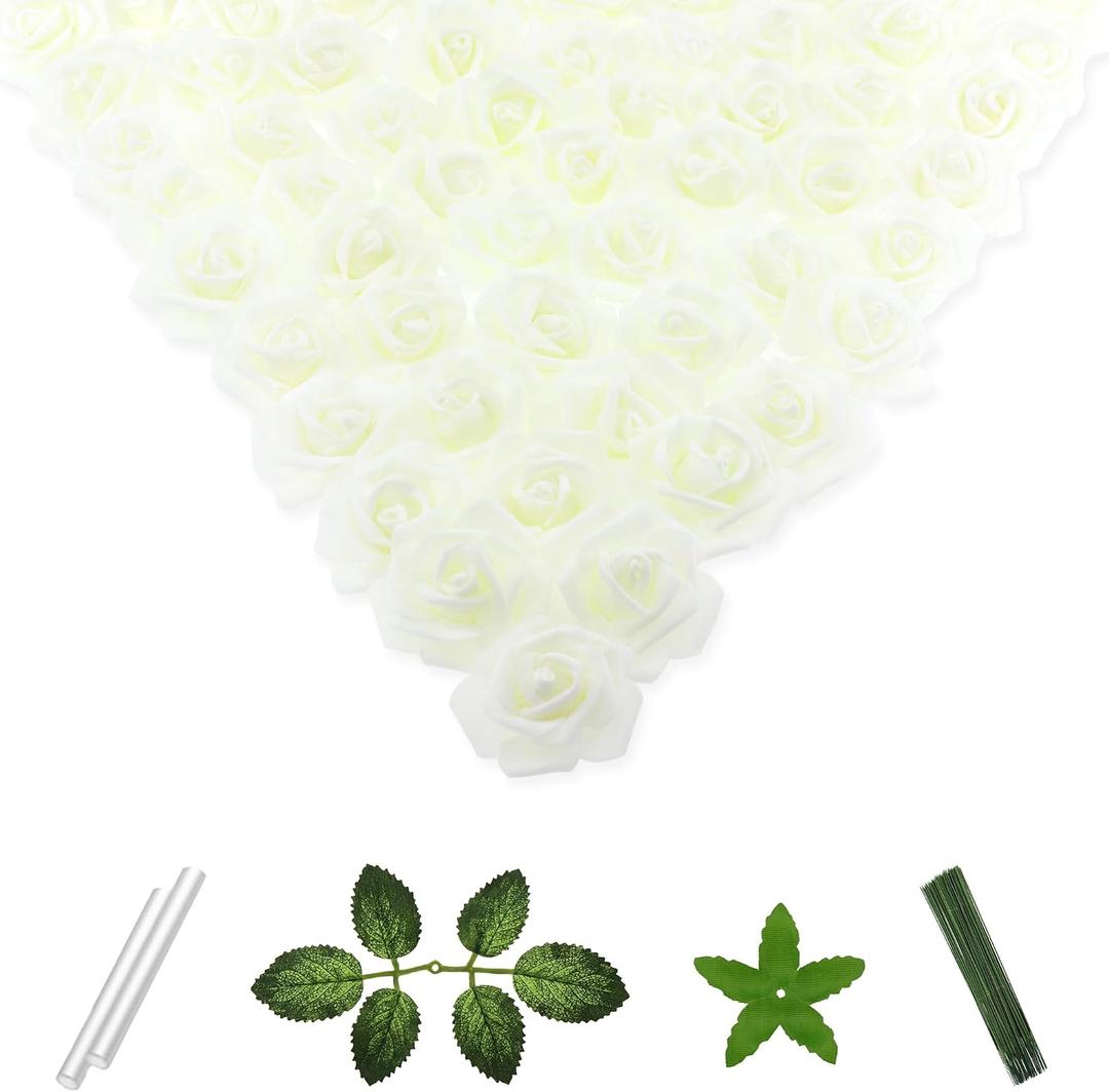 100 Pcs 2 Inch Artificial Flowers Faux Foam Fake Rose Head Bulk for Home Decor Wedding Decoration Bridal Shower Wall Table Centerpiece Arrangement DIY Craft (Ivory)