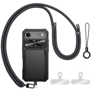 BXYJY for iPhone Air Case Wallet with Strap, Crossbody Cell Phone Lanyard for Women Men, Card Holder, Slide Camera Cover, Military Grade Drop Proof, Heavy Duty Phone Case for iPhone Air, Black